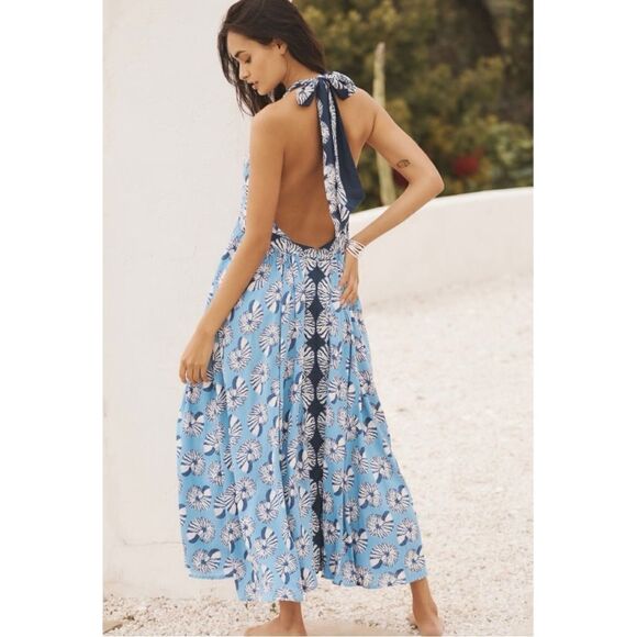 NEW Anthropologie Tropical Beach Swim Seashell Halter Cut Out Midi Dress Large - Picture 3 of 4